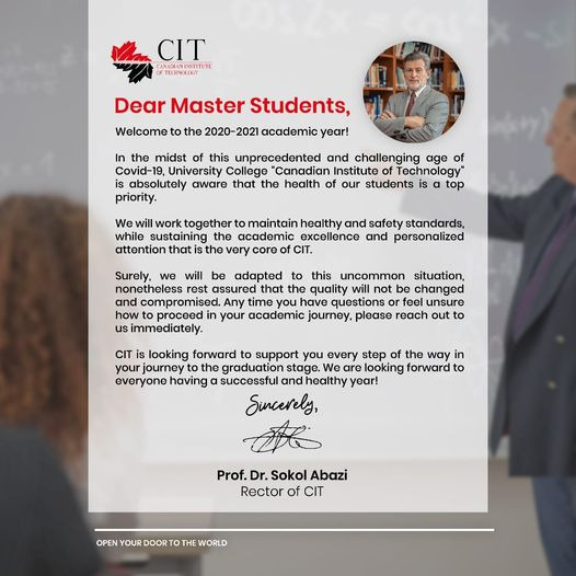 Rektori i CIT se uron studentet Master per fillimin e vitit akademik 2020 2021
